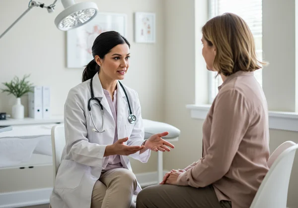 Doctor and patient having a calm, empathetic discussion