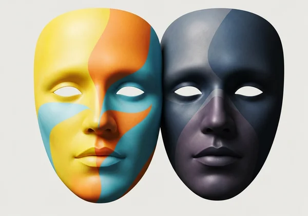 Two masks, one smiling with bright colors, one sad and dull