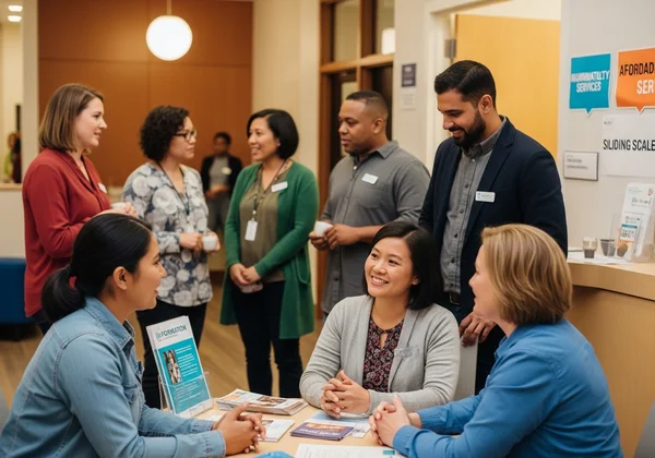 Diverse people receiving affordable mental health support