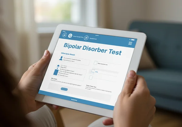 Person taking an online bipolar disorder test on a tablet.