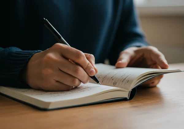A person writing in a journal, reflecting on thoughts.