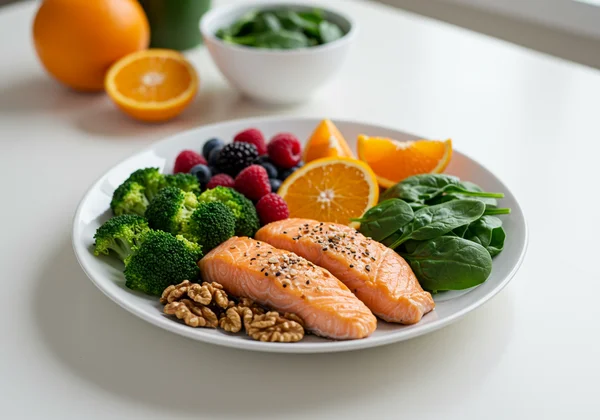A balanced plate with fruits, vegetables, and lean protein.